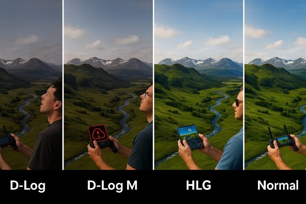 DJI dronu video krāsu profilu salīdzinājums - D-Log, D-Log M, HLG un Normal režīmi labākajiem video kadriem.