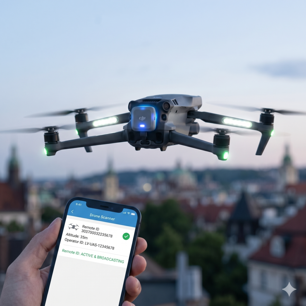 Dronu Remote ID sistēmas obligātās EASA prasības Latvijā 2026. gadā, tālvadības pilotu CAA reģistrācija, C klases marķējums, bezpilota gaisa kuģu identifikācija un likumīga lidojumu veikšana pilsētvidē, lai izvairītos no Valsts policijas sodiem.
